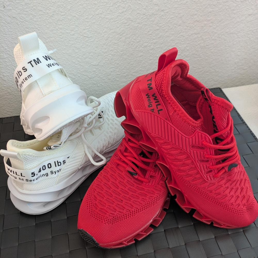 Women's Red/White Athletic Sneakers with Strap Detail - Breathable Mesh - 2/$23